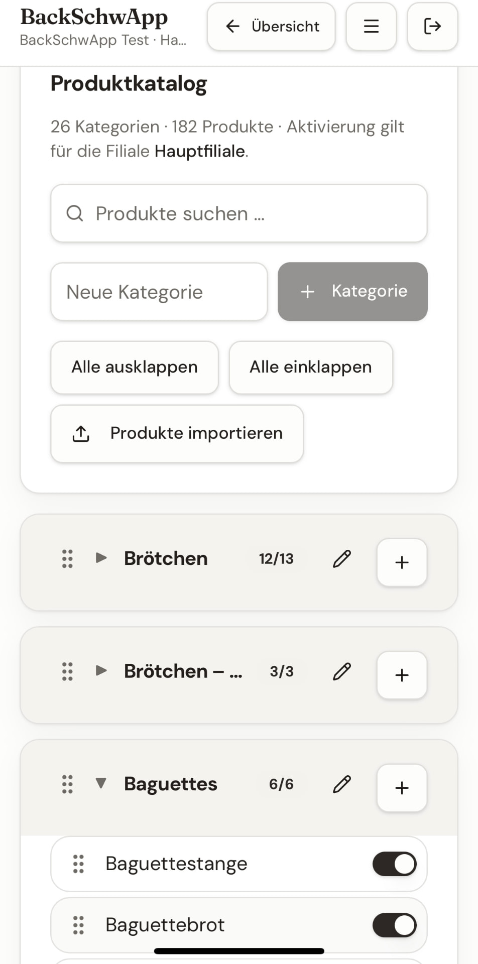 Produktkatalog in BackSchwApp