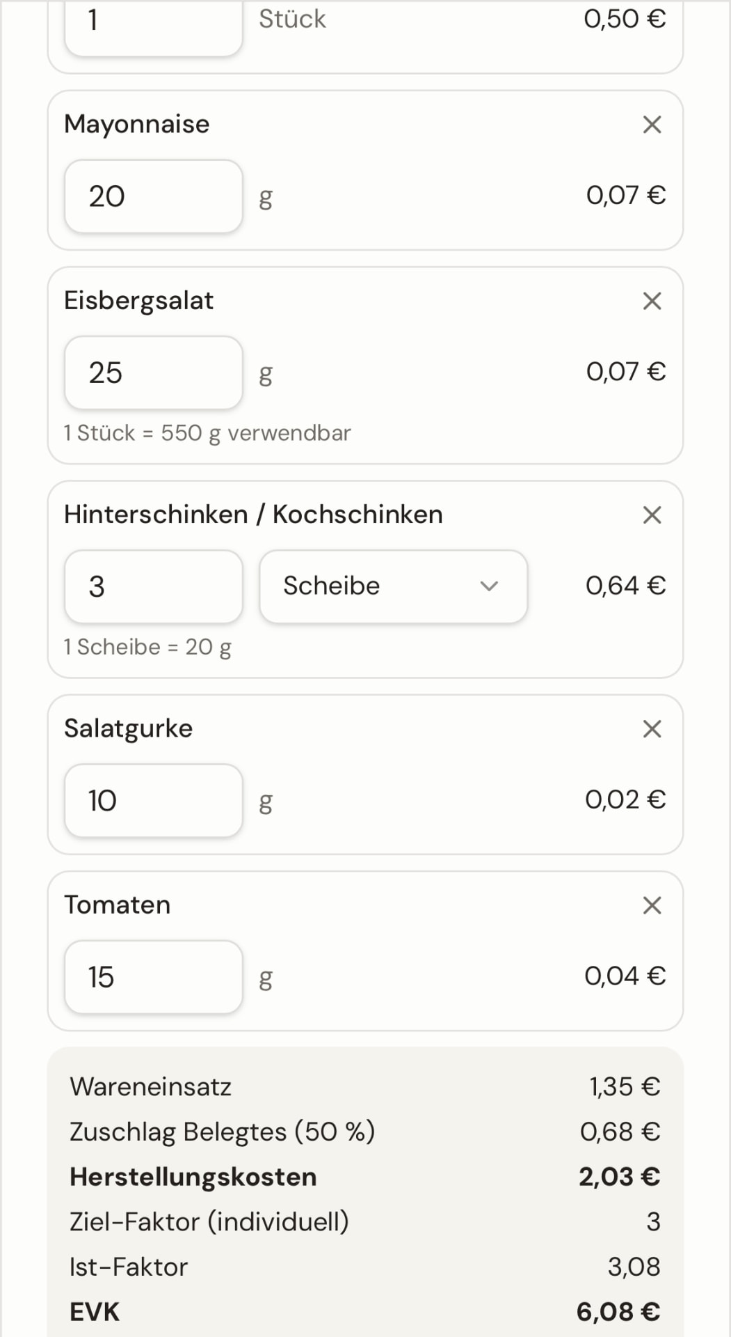 Kalkulation – Ergebnisansicht in BackSchwApp